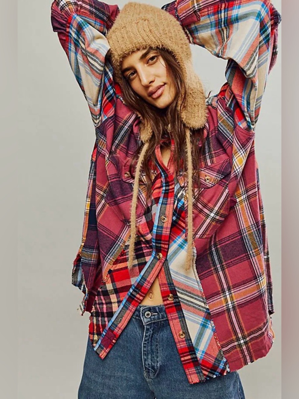 Free People We the Free patched up plaid button down shirt